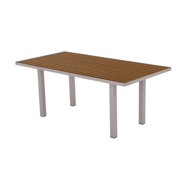 POLYWOOD Euro Textured Silver 36 in. x 72 in. Patio Dining Table with Teak Top