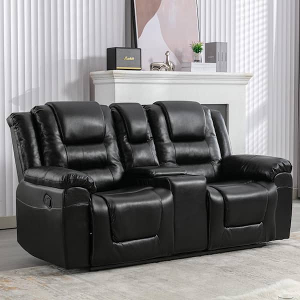 Polibi 71.7 in. W Black PU Leather 2-Seat Straight Loveseat, Home Theater Seating Manual Recliner