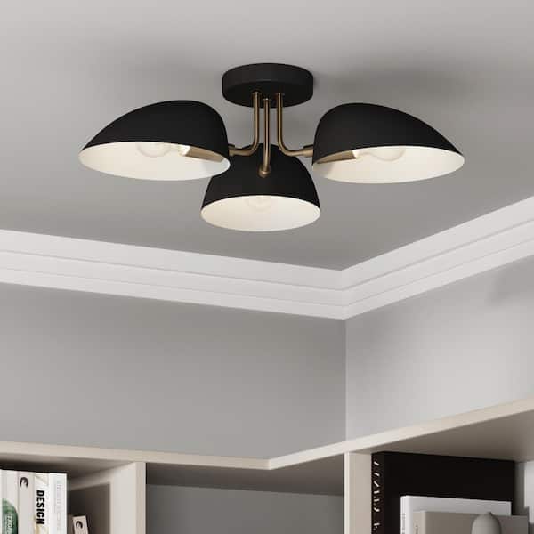 Nathan James 24 in. 3-Light Argo Ceiling Semi-Flush Mount Light Fixture, Retro Modern Light with Black Rounded Shades