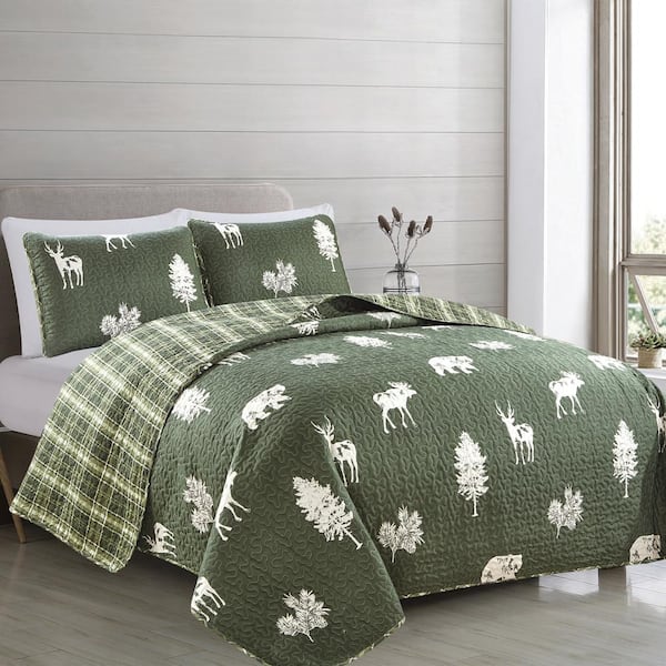 FRESHFOLDS Rio Ridge - Forest Green King Reversible Premium Forest Themed 3-Piece Microfiber Quilt Set