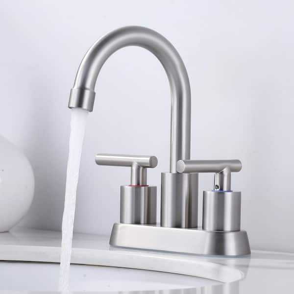 4 in. Centerset Double Handle High Arc Bathroom Faucet with Drain Kit Included in Brushed Nickel