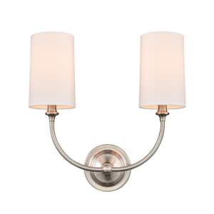 Giselle 2-Light Brushed Satin Nickel Wall Sconce with Off-White Cotton Fabric Shade