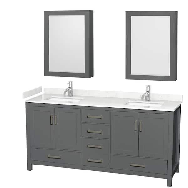 Wyndham Collection Sheffield 72 in. W x 22 in. D x 35 in. H Double Bath Vanity in Dark Gray with Carrara Cultured Marble Top and MC Mirrors