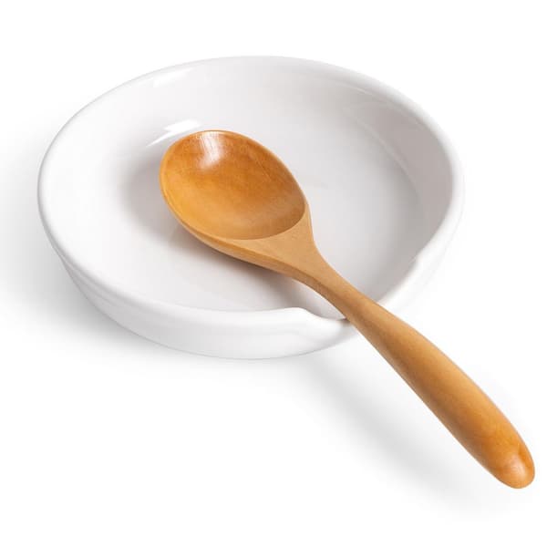 Ceramic Spoon Rest with Cooking Utensil Rest, Coffee Spoon Holder for Stove Top, Kitchen Counter, Ladles, Spatula, White