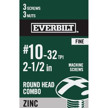 Everbilt #10-32 x 2-1/2 in. Zinc Plated Combo Round Head Machine Screw (3-Pack) 830651