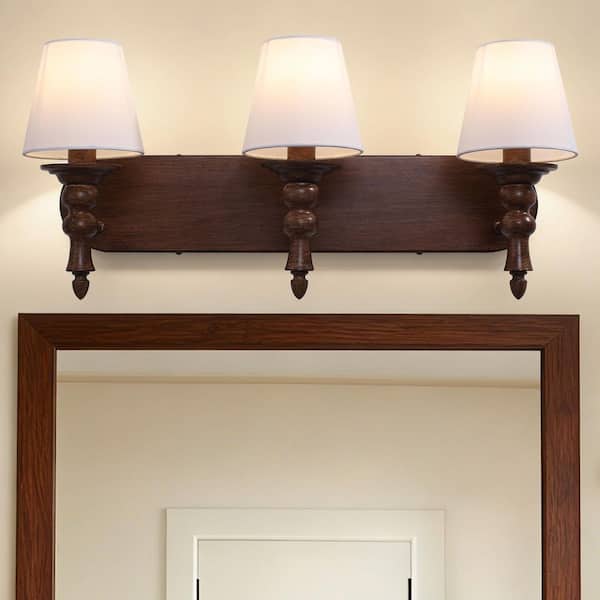 25.2 in. 3-Light Brown Vanity Light Fixture Farmhouse Wall Sconces with White Fabric Shades for Bathroom Bedroom Hallway