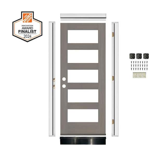 DIY RTA Kit 32 in. x 80 in. Modern Hemlock RH/Inswing 5-Lite Clear Glass Grey Stain Wood Ready to Assemble Front Door