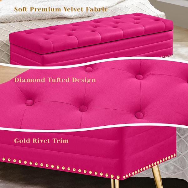 JEAREY Velvet Fushia Storage Ottoman Entryway Bench with Gold Base