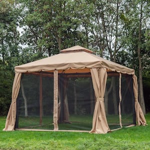 118 in. x 118 in. x 78 in. Steel Frame Patio Gazebo w/ Beautiful Polyester Curtains & Air Venting Netted Screens, Khaki
