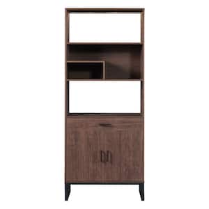 31.40 in. W x 13.70 in. D x 75.90 in. H Walnut Brown Linen Cabinet Bookcase with Storage Drawer and LED Strip Lights