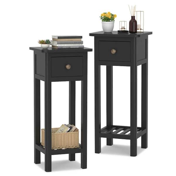 Gymax 14 in. W x 12 in. D x 31.5 in. H 2PCS 2 Tier End Bedside Sofa Side Table with Drawer Shelf Acacia Wood Nightstand Black
