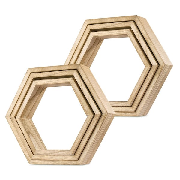 Oumilen Hexagon Floating Shelves Honeycomb Shelves for Wall, Light Brown Set of 6