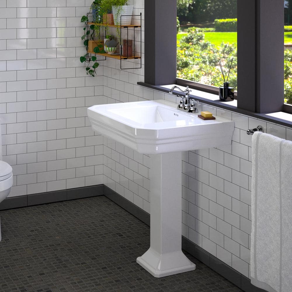 White Vitreous China Rectangular Pedestal Sink with Overflow