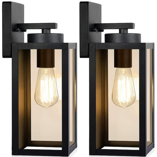 12.8 in. Exterior Waterproof Wall Lanterns Modern Matte Black Porch Sconces with E26 Sockets Glass Shades 2-Pack