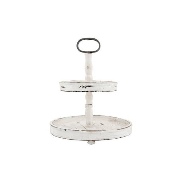 15 in. White Wood 2-Tier Tray with Metal Handle
