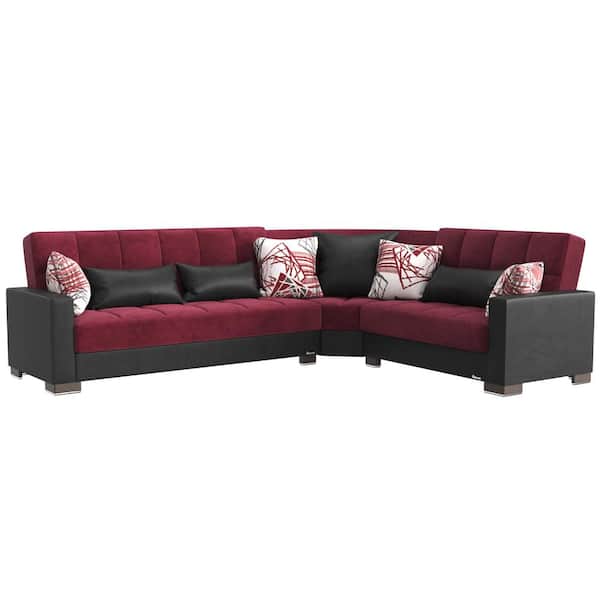 Ottomanson Basics Collection 3-Piece 108.7 in. Microfiber Convertible Sofa Bed Sectional 6-Seater With Storage, Red