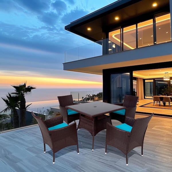 Cesicia Brown 5-Piece Wicker Outdoor Dining Set with Blue Cushions and Table