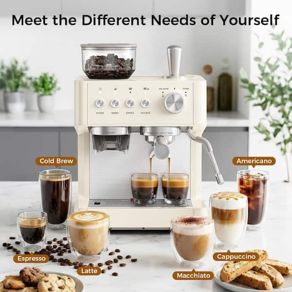 5 Cup White Espresso Machine with Built-In Grinder, 20-Bar Pressure, Steam Wand and Hot Water Function