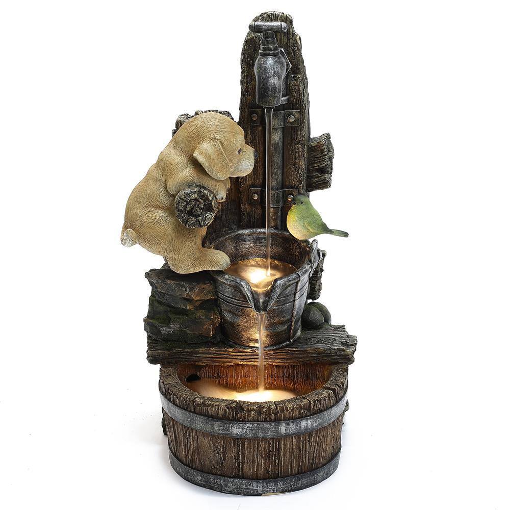 Farmhouse Brown Resin Fountain with Puppy and Bird Scene