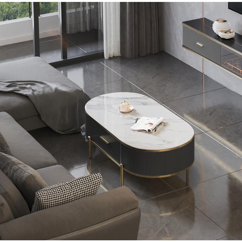 Elegant Oval Sintered Stone Coffee Table with Gold Accents and Storage