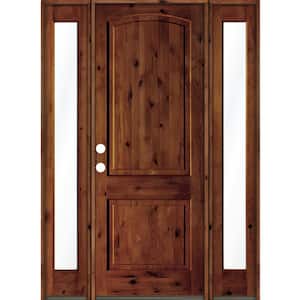 58 in. x 96 in. Rustic Knotty Alder Arch Top Red Chestnut Stained Wood Right Hand Single Prehung Front Door