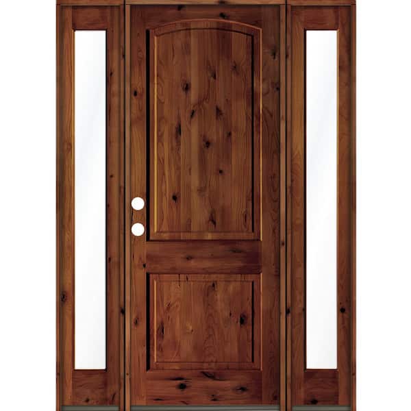 Krosswood Doors 64 in. x 96 in. Rustic Alder Arch Red Chestnut Stained Wood with V-Groove Right Hand Single Prehung Front Door