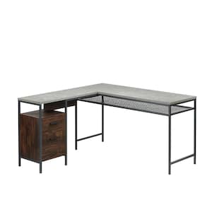 56 in. L-Shaped Rich Walnut/Slate Gray 2 Drawer Computer Desk with File Storage