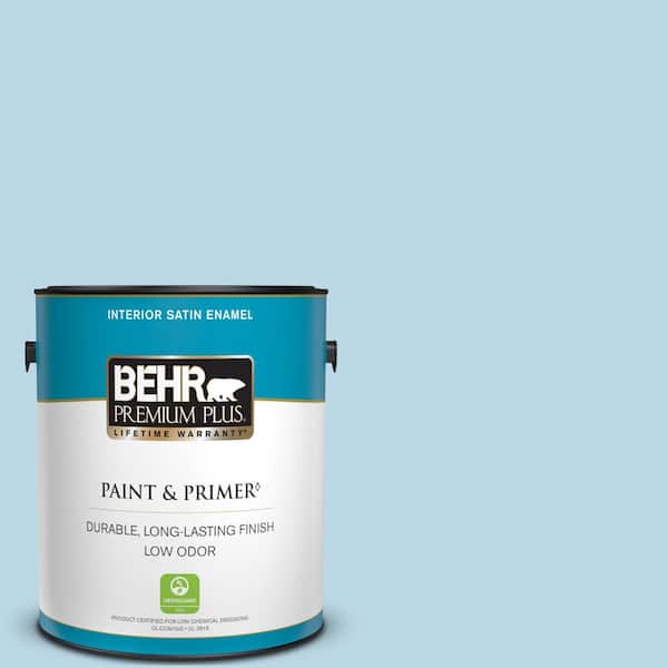 BEHR PREMIUM PLUS 1 gal. #M490-1 Breezy Blue Satin Enamel Low Odor Interior Paint & Primer