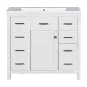 36 in. W Single Sink Freestanding Bath Vanity in White with White Solid Surface Top, 5 Drawers and 1 Door