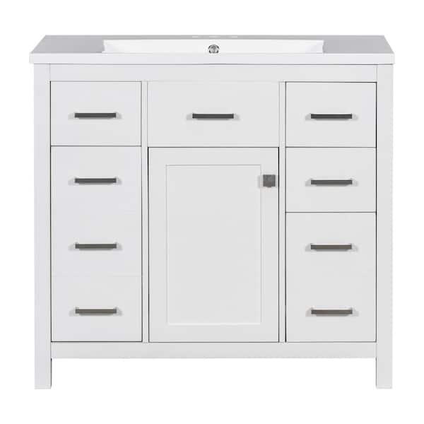Polibi 36 in. W Single Sink Freestanding Bath Vanity in White with White Solid Surface Top, 5 Drawers and 1 Door