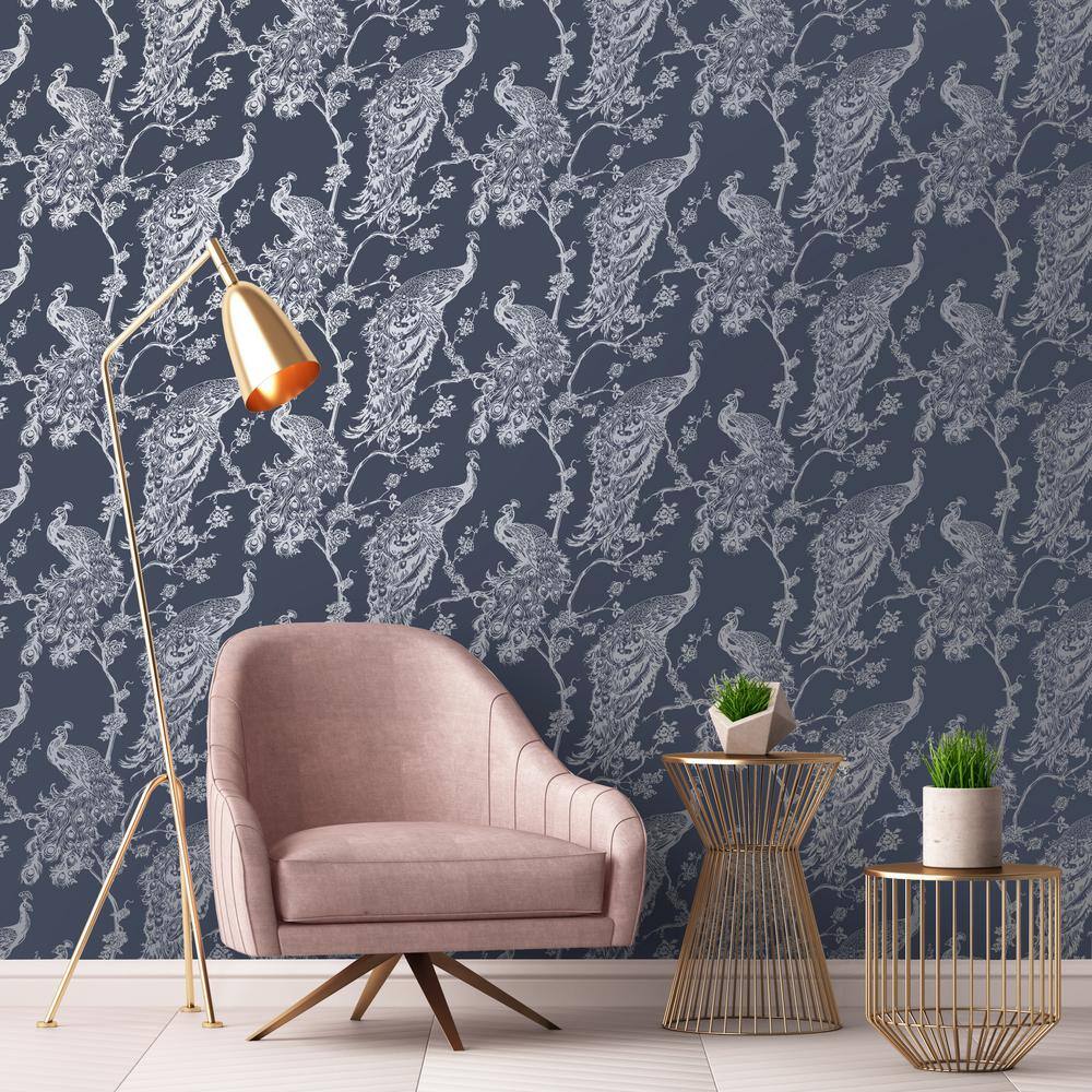 Navy Blue Metallic Peacock Trail Wallpaper 396in x 20.8in