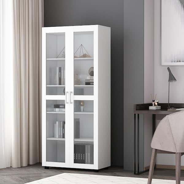 FUFU&GAGA 72 in. H White Wood 5-Shelf Standard Bookcase Bookshelf Cabinet with 2-Door
