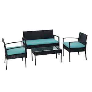 Outdoor Black 4-Piece Wicker Furniture Set Patio Conversation Set with Blue Cushions and Glass Top Table