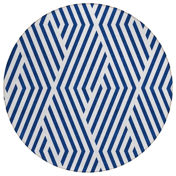 Navy and White 8 ft. Round Woven Geometric Round Indoor/Outdoor Area Rug