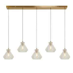 Modern 5-light Imitation Electroplated Copper Island Pendant Light, Linear Chandelier with Barn Crackle Glass Shade