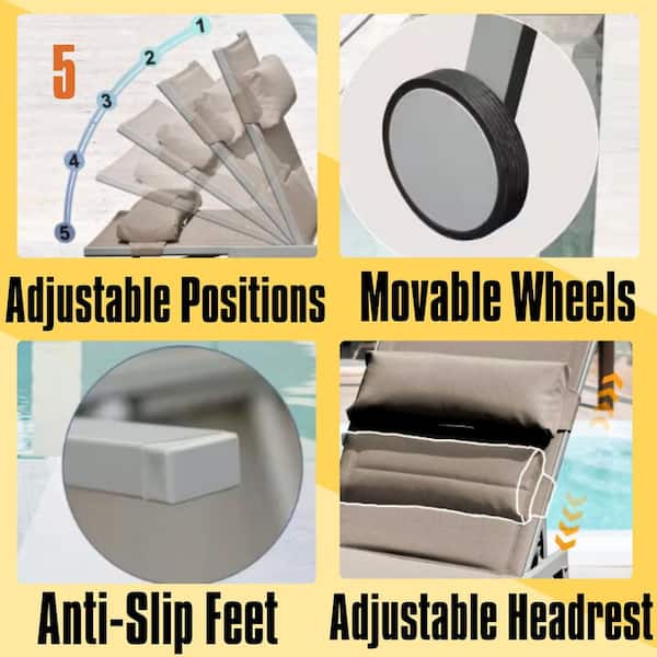 3-Piece Patio Chaise Lounge Adjustable Aluminum Outdoor Lounge Chairs with Side Table and Wheels in Khaki