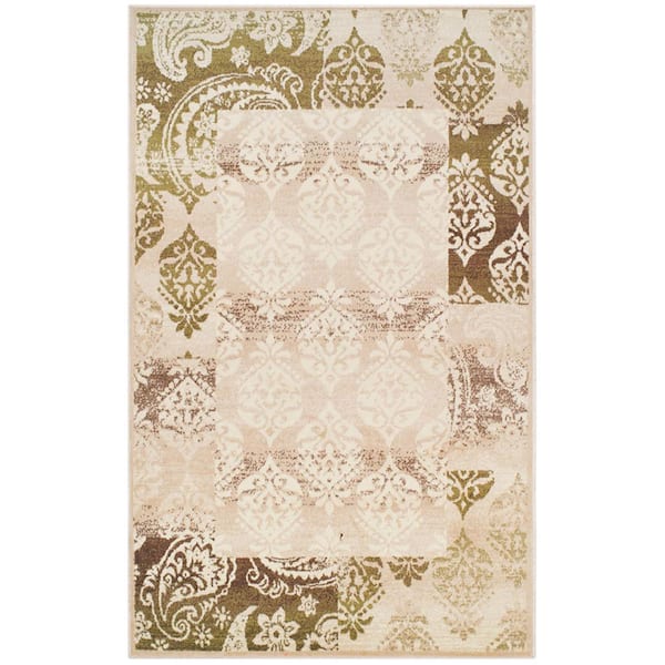 HomeRoots 5 ft. x 8 ft. Beige Damask Power Loom Distressed Stain Resistant Area Rug