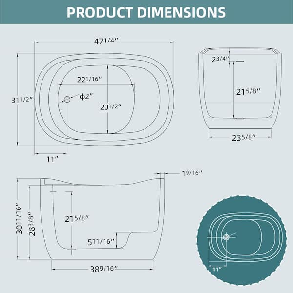 47 in. x 31.5 in. Japanese Acrylic Freestanding Soaking Bathtub in White with Side Chrome Drain and Interior Seat
