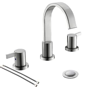 Brushed Nickel Waterfall 2-Handle 3-Hole Widespread Bathroom Faucet with Pop-up Drain and Valve