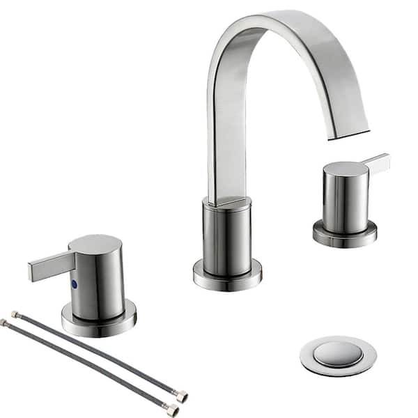 Phiestina Brushed Nickel Waterfall 2-Handle 3-Hole Widespread Bathroom Faucet with Pop-up Drain and Valve