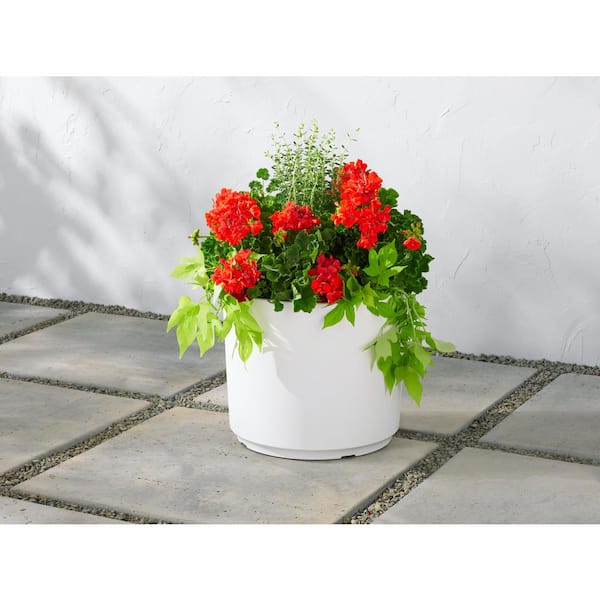 14.2 in. Eloise Large White Resin Cylinder Planter (14.2 in. D x 12.3 in. H) with punch-out Drainage Holes