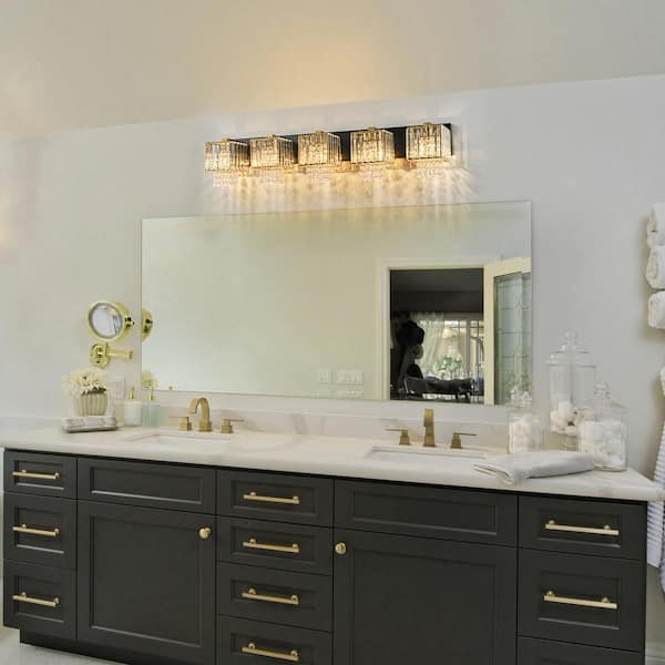 Schonbek 39.37 in. 5-Light Modern Black and Gold Crystal Vanity Light for Bathroom with Crystal Beads