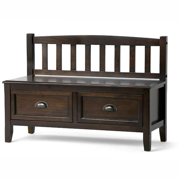 Simpli Home Burlington Solid Wood 42 in. Wide Transitional Entryway Storage Bench with Drawers in Mahogany Brown