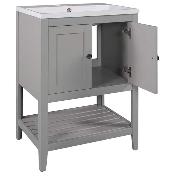24 in. W x 18 in. D x 33.6 in. H Gray Bathroom Vanity with Single Sink and White Ceramic Top, Open Style Shelf
