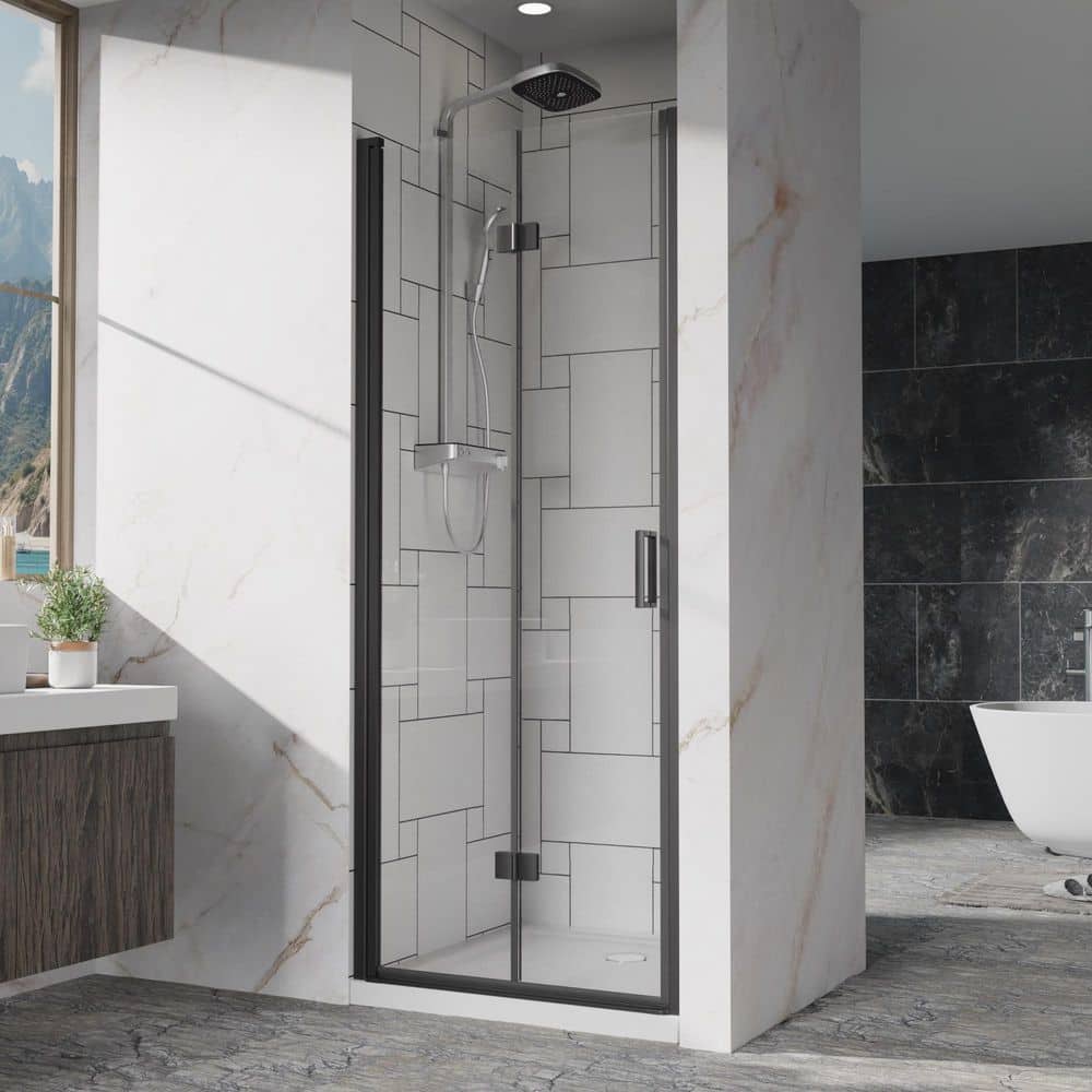 32 in. W x 72 in. H Bi-Fold Frameless Shower Door in Black Finish with Clear Tempered Glass price history on PriceWatchPro
