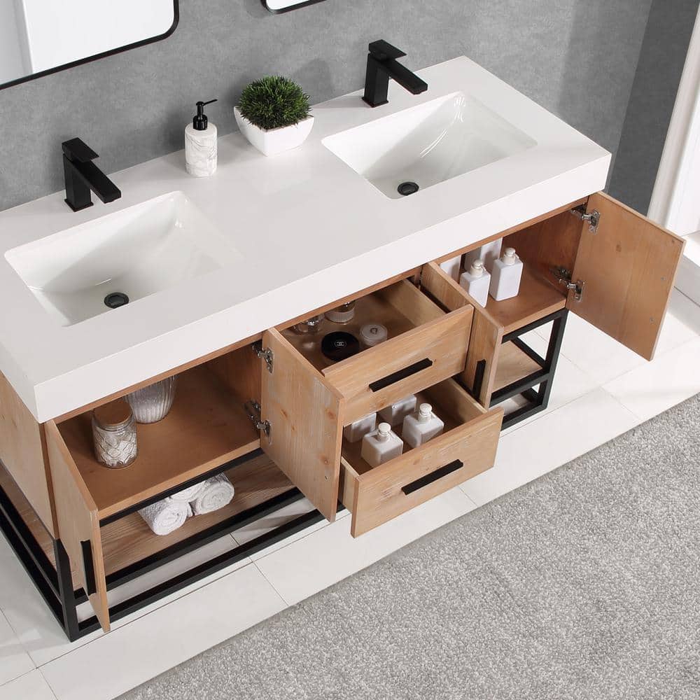 Bianco 60" Light Brown Wood Vanity with White Stone Top
