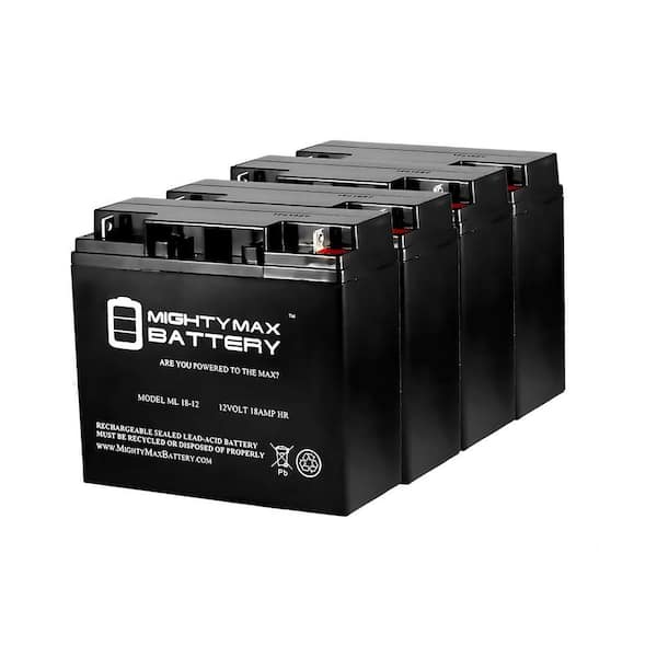 MIGHTY MAX BATTERY ML18-12 - 12V 18AH Sealed Lead Acid Battery with Nut and Bolt Terminals - 4 Pack