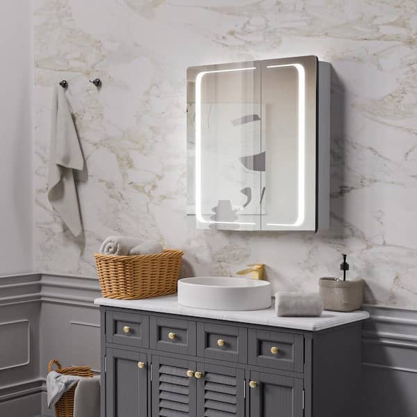 ExBrite Vogue 30 in. W x 32 in. H, Rectangular Silver Aluminum Recessed/Surface Mount Dimmable Medicine Cabinet with Mirror LED