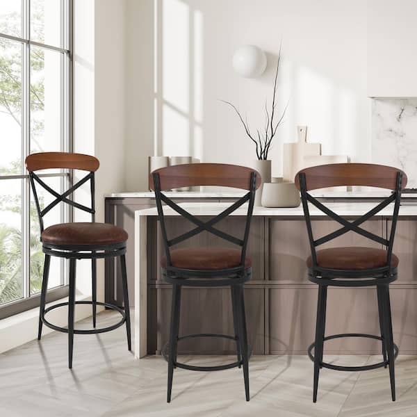 HomePop Hudson 26 in. Brown Faux Leather Upholstery High Back Metal Counter Stool with Faux Leather Seat
