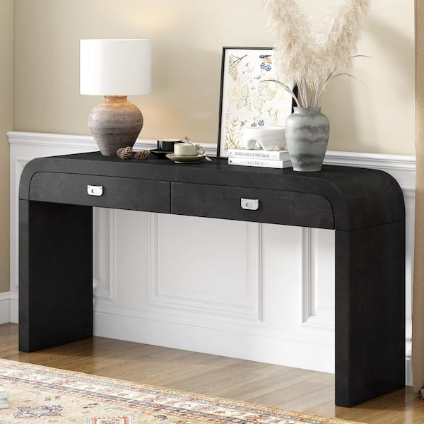 60 in. Black Curved Specialty MDF and Burl Wood Veneer Entryway Console Table with 2 Spacious Drawers, Metal Handles